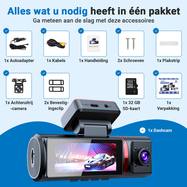 4K Dashcam voor Auto – 3-in-1 Voor- en Achtercamera