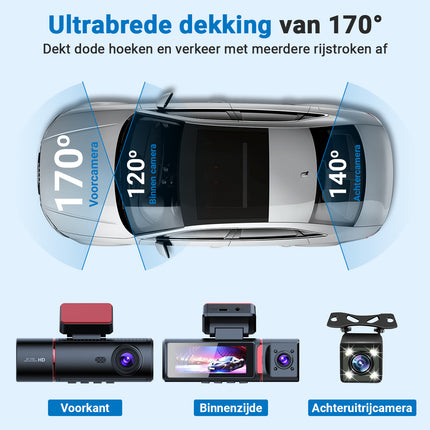 4K Dashcam voor Auto – 3-in-1 Voor- en Achtercamera