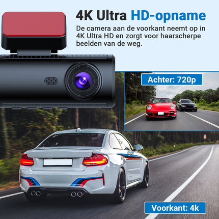 4K Dashcam voor Auto – 3-in-1 Voor- en Achtercamera