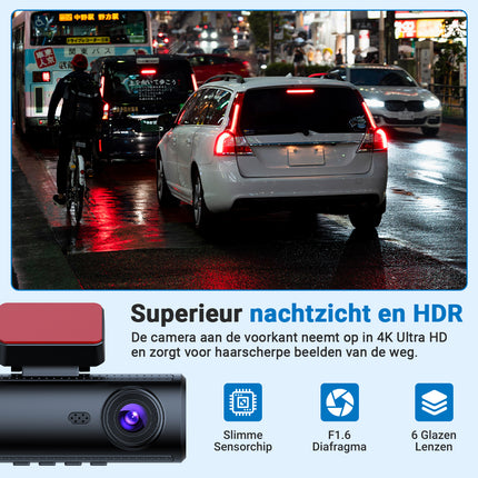 4K Dashcam voor Auto – 3-in-1 Voor- en Achtercamera