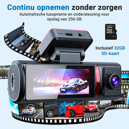 4K Dashcam voor Auto – 3-in-1 Voor- en Achtercamera