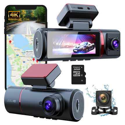 4K Dashcam voor Auto – 3-in-1 Voor- en Achtercamera